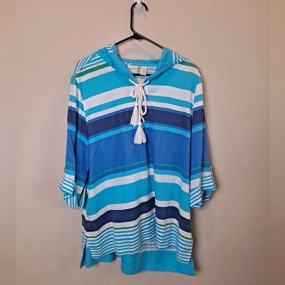 Chicos Top Womens SIZE 2 BlueâZenergy Striped Tie Up Tunic Hood